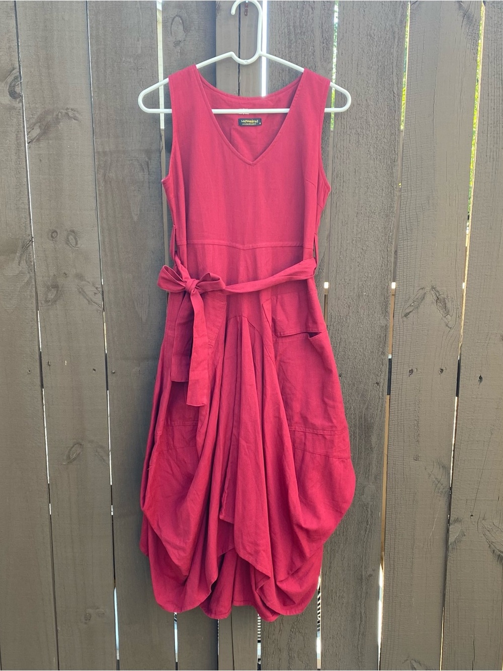Los Banditos 100% cotton cranberry draped dress Lagenlook with Pockets